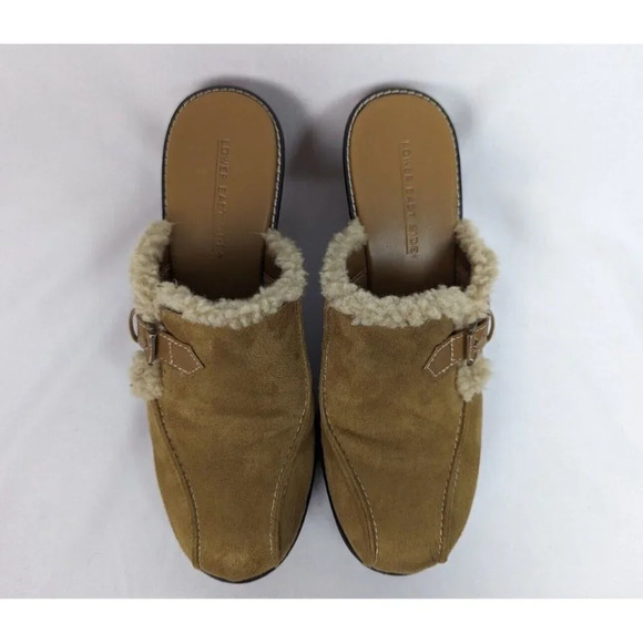 Vintage Y2K 90s Lower East Side 11 Tan Suede Wedge Mule Clog Sherpa Trim Chunky - Picture 2 of 11